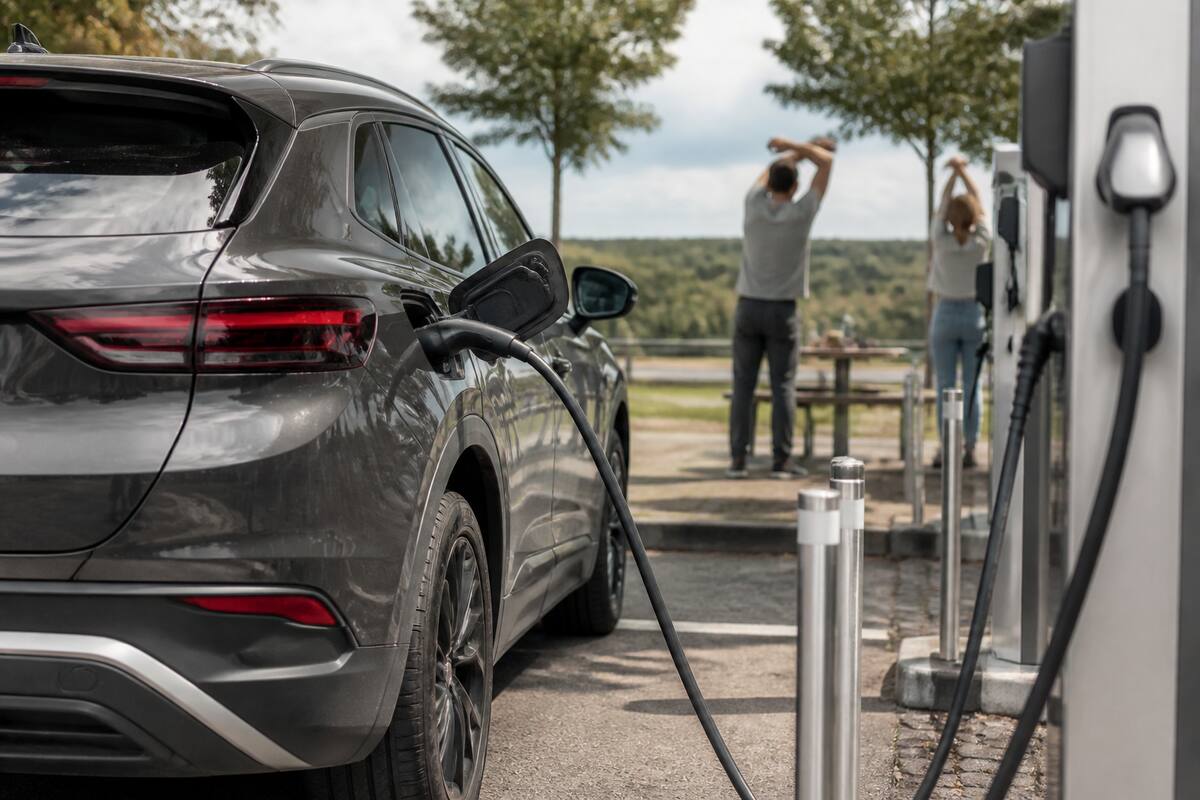 Elektrische auto die aan een laadpaal staat bij een wegrestaurant op weg naar de vakantiebestemming