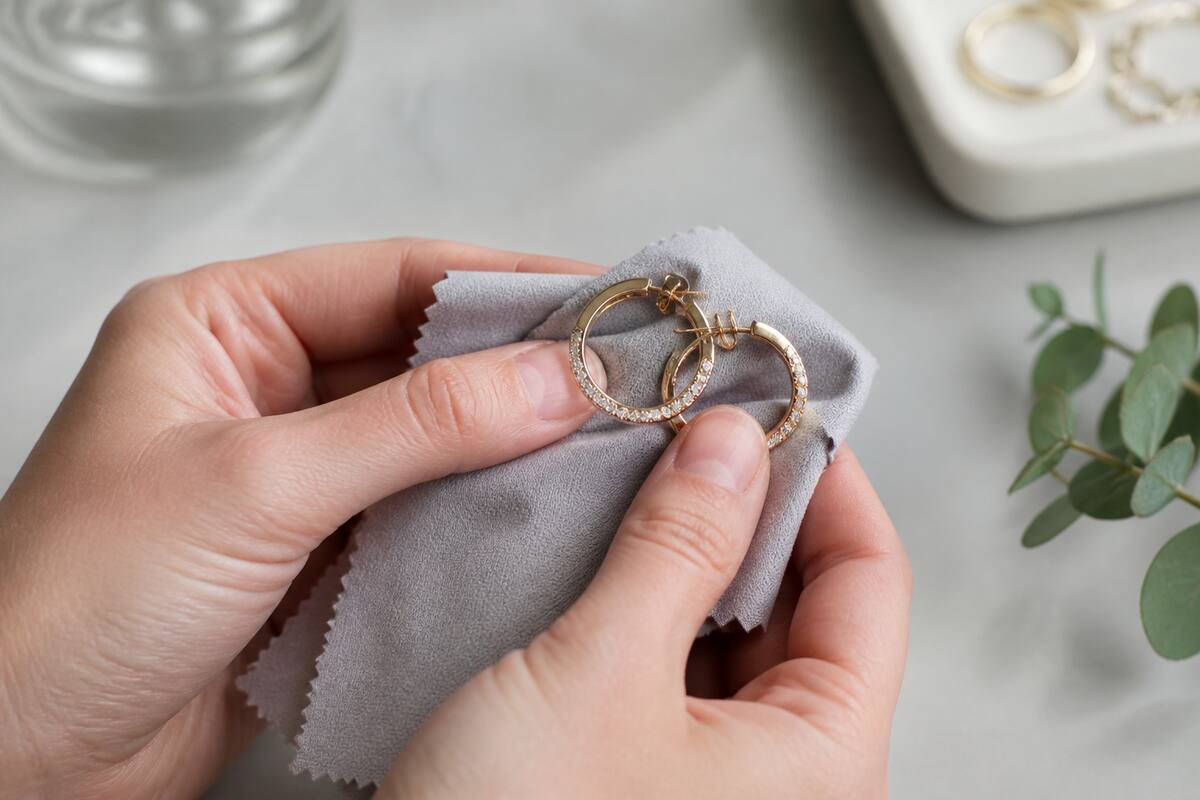 Iemand poetst oorbellen voorzichtig met een zachte microvezeldoek bij daglicht