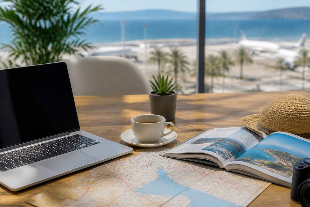 Iemand vergelijkt vakanties op laptop met reisgids en kaart op tafel