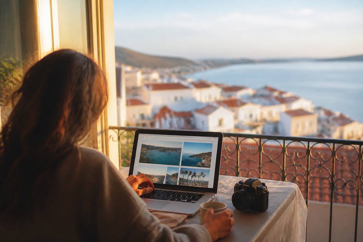 Iemand die reizen en vakanties vergelijkt op een laptop tijdens een vakantieoriëntatie