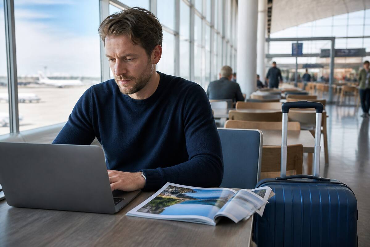Reisdocumenten en laptop bij het vergelijken van vakantieopties op een luchthaven