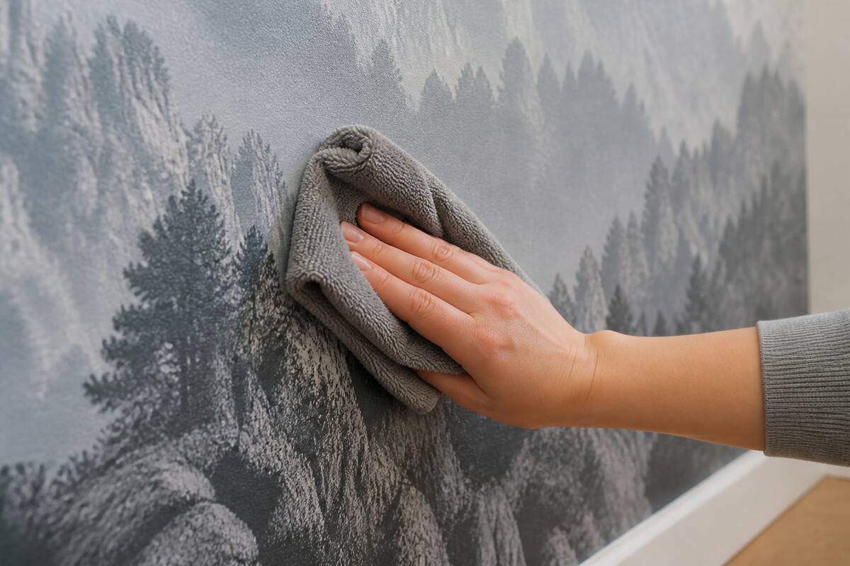 Iemand reinigt fotobehang voorzichtig met een microvezeldoek